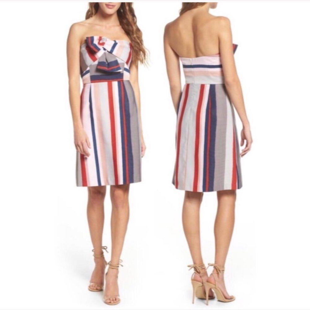 SAM EDELMAN STRIPED STRAPLESS BOW DRESS